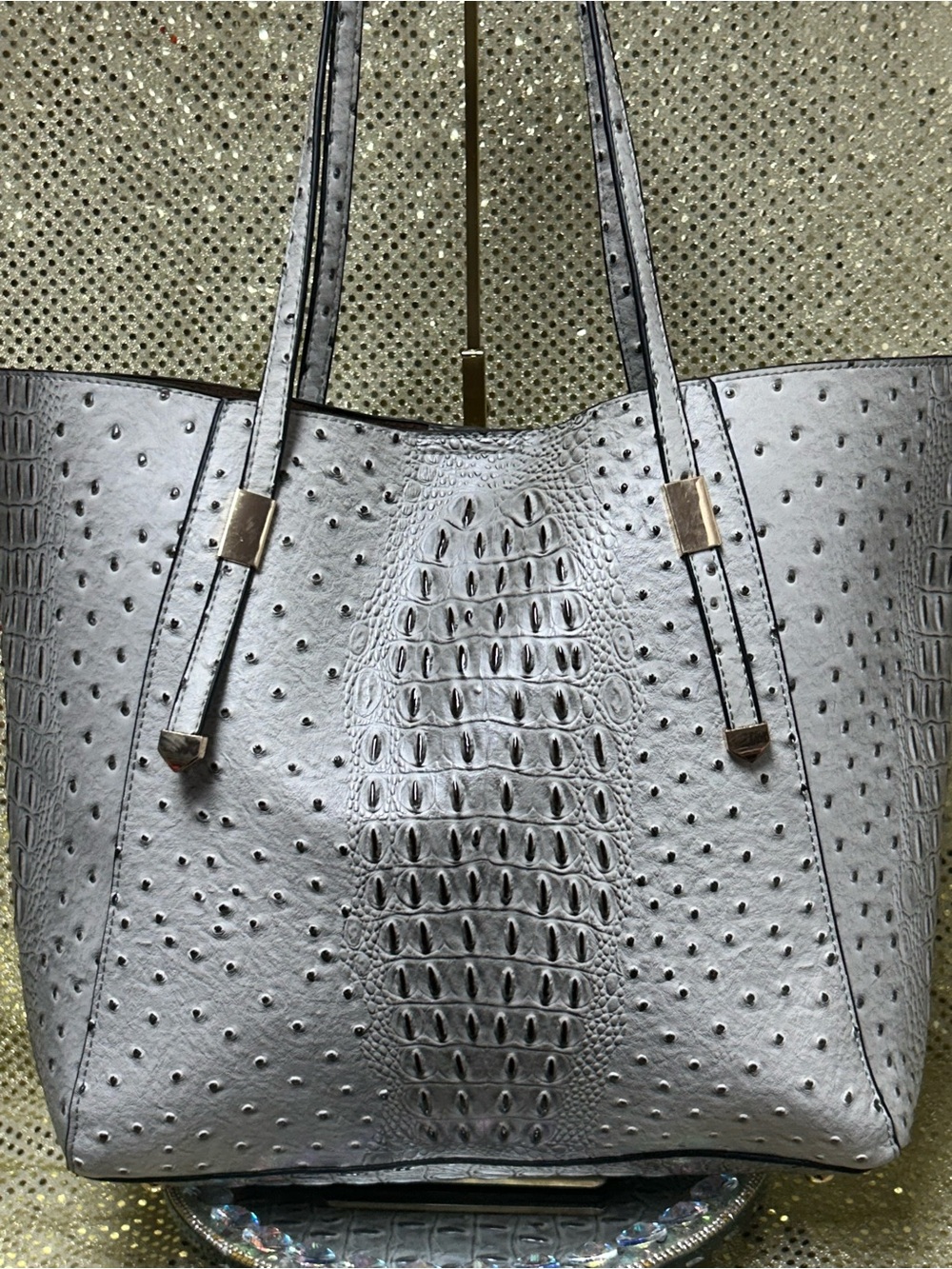 Gray Croc-Embossed Tote Bag Approx. 18 x 12 x 4